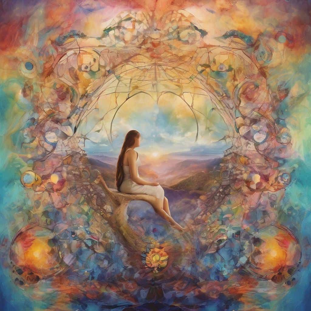 Ανθρώπινη γυναίκα διαλογισμός σε καταπράσινο φυσικό τοπίο με φανταστικό φόντο και ζωντανά χρώματα.