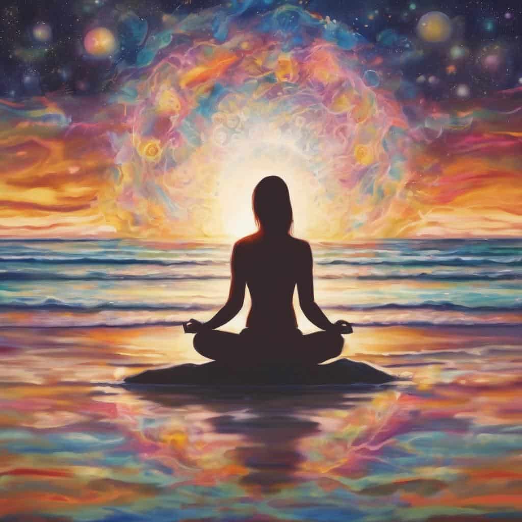 Γυναίκα που κάνει διαλογισμό στη θάλασσα με φόντο το ηλιοβασίλεμα και χρωματιστά σύννεφα για εσωτερική γαλήνη.