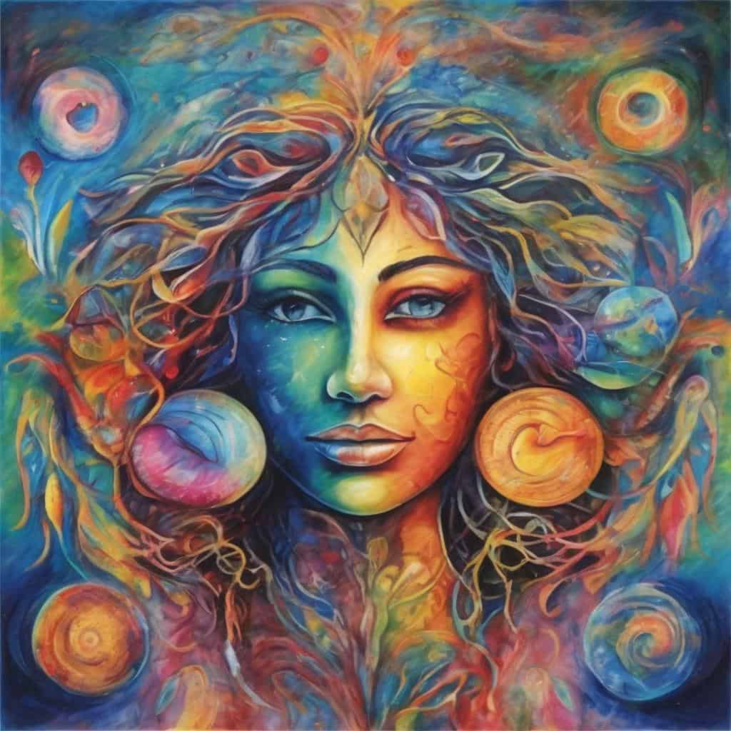 Πολύχρωμο πίνακα με γυναικεία μορφή και ψυχική γαλήνη σε ζωηρά χρώματα.
